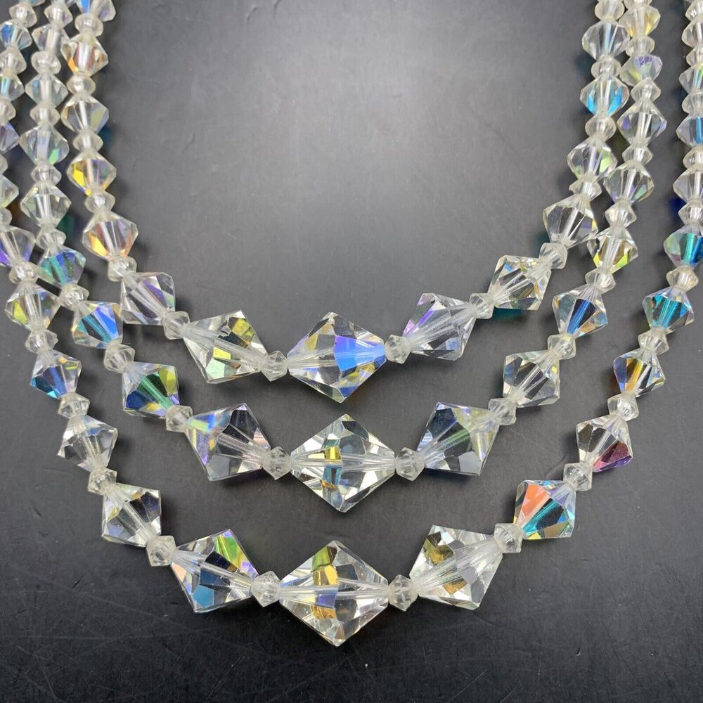 Aurora Borealis Multi Strand Collar Necklace Glass Beaded Bicone AB Vintage